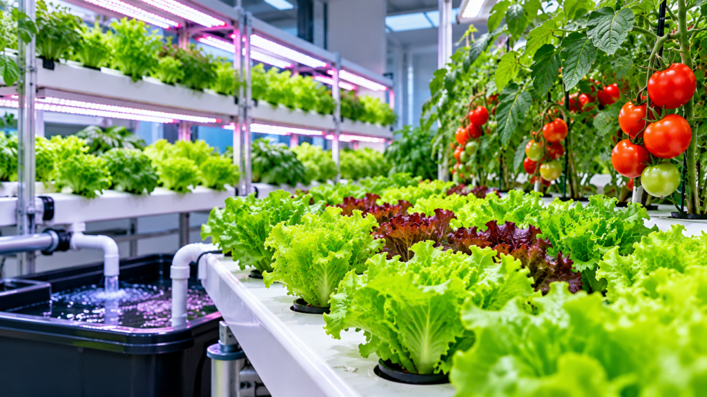 Indoor farming using hydroponic technology systems with leafy greens and tomato plants growing under LED lights.