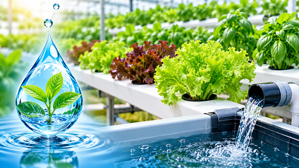Saving water with hydroponic technology systems using recirculating water and efficient plant irrigation.