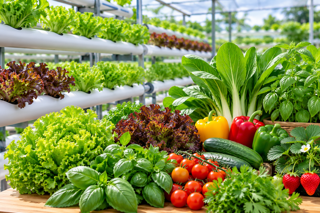 Best crops for hydroponic technology systems, including lettuce, basil, tomatoes, cucumbers, peppers, and strawberries.